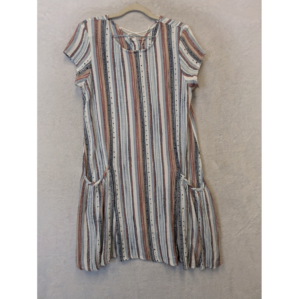 Emberley Shift Dress Women's Large Multicolor Striped Lace Up‎ Back Pockets Boho